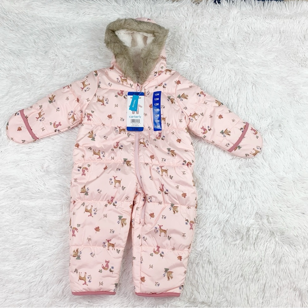 Carter's baby printed snowsuits one piece hooded in pink